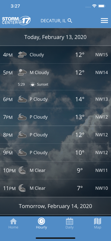 Hourly weather forecast for Decatur Illinois on the WAND WX app showing temperature and conditions from 4 PM to 11 PM