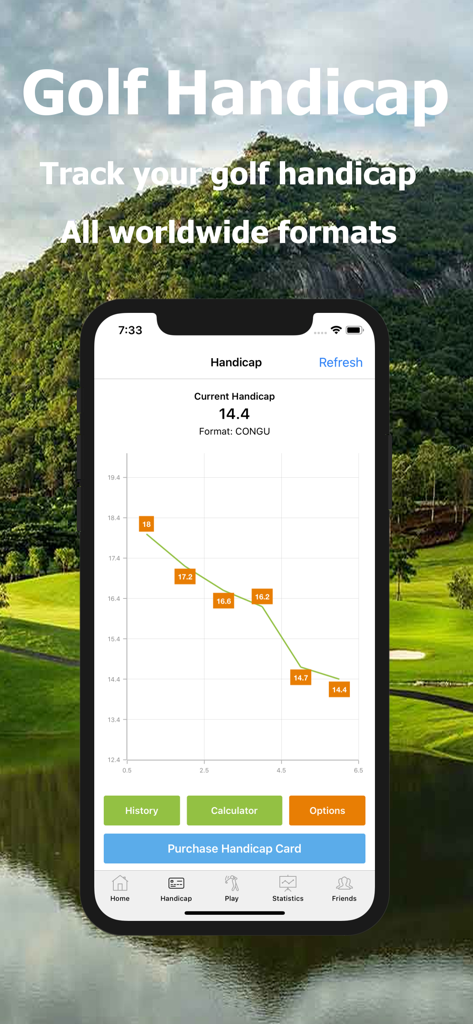 Golf Handicap - Online Golf - Smartphone interface showing a golf handicap progress chart and tracking options