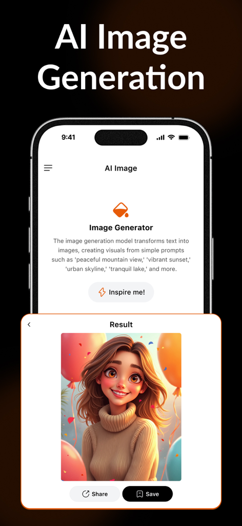 Grow AI app interface showing an AI generated portrait of a woman with balloons and confetti
