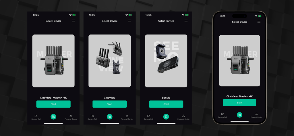 Accsoon SEE - Interface of the Accsoon SEE app displaying device selection for CineView Master 4K and SeeMo hardware