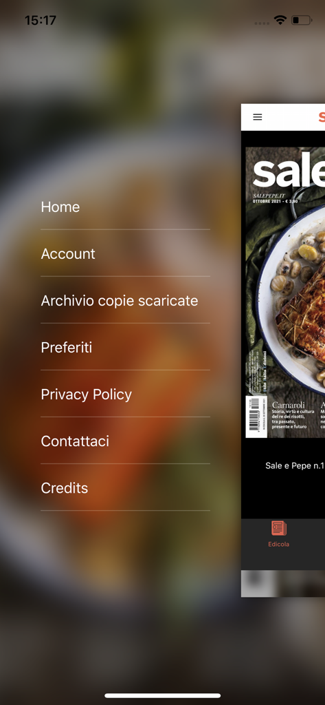Menu di navigazione laterale dell'app di cucina e lifestyle italiana Sale e Pepe.