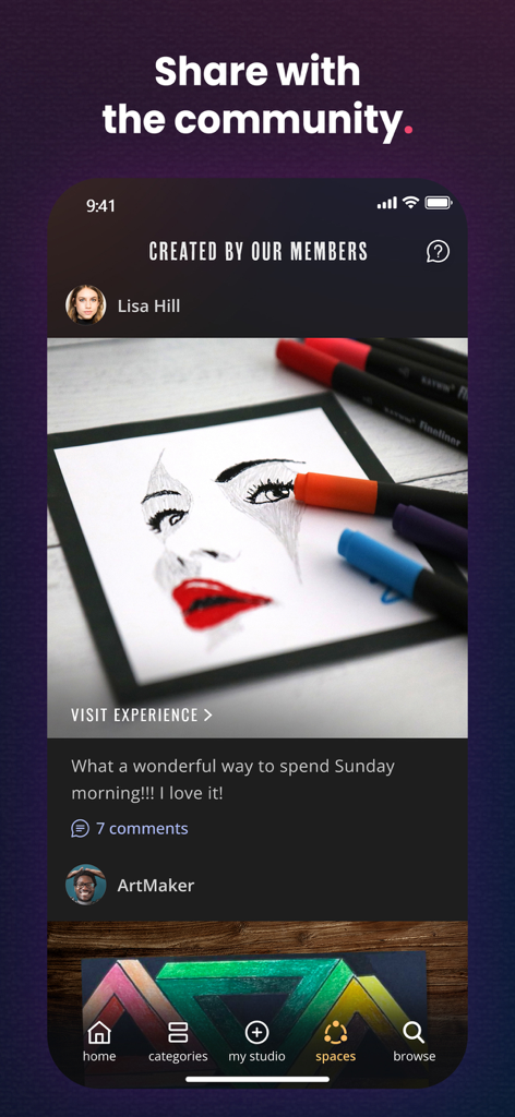 Cupixel: AR Tracing & Classes - A social feed in the Cupixel app showing artwork created and shared by community members with comments and likes.