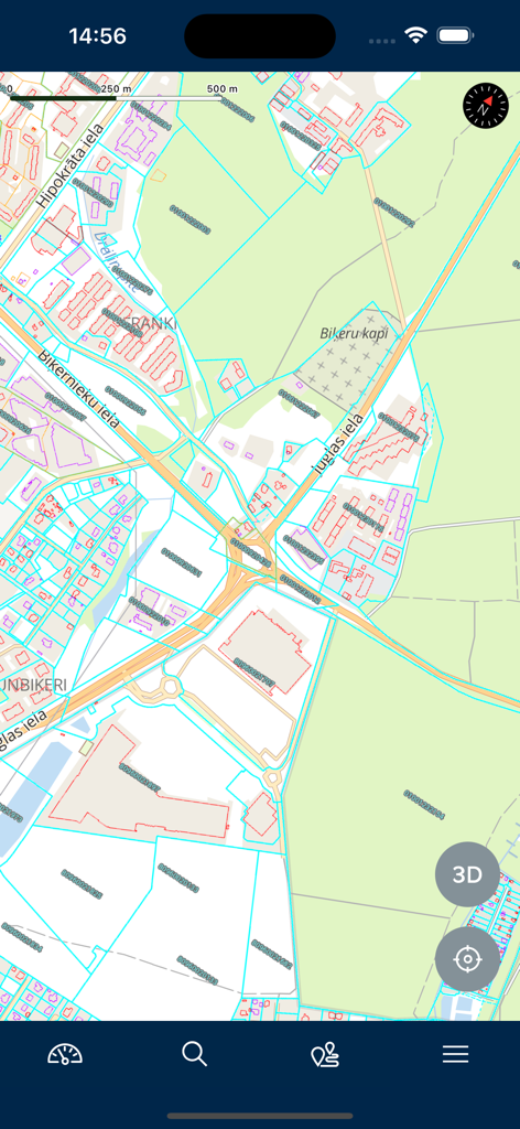 BalticMaps - Detailed topographic map interface in the BalticMaps app showing street names and property boundaries in Latvia