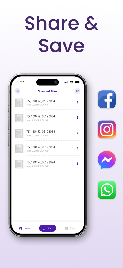 Ein Smartphone zeigt eine Liste gescannter Dokumente mit Social-Media-Share-Icons wie WhatsApp und Facebook