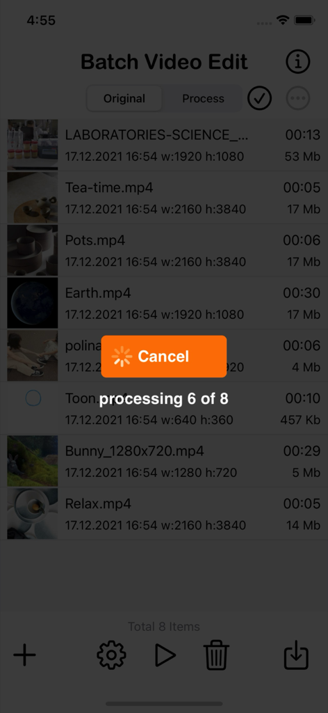 The Batch Video Edit app interface showing the progress of processing eight videos simultaneously.