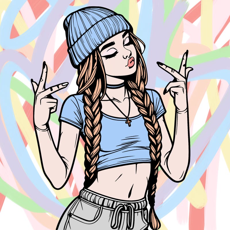 realistic teenage girl with braids and a beanie and crop top doing 🫶🏼