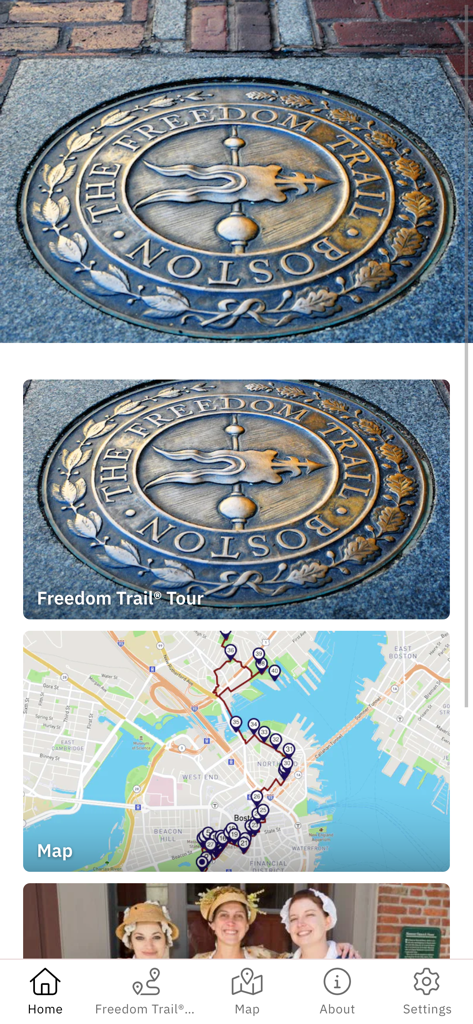 Official Freedom Trail® App - Interface of the Official Freedom Trail app showing a Boston tour map and historic markers
