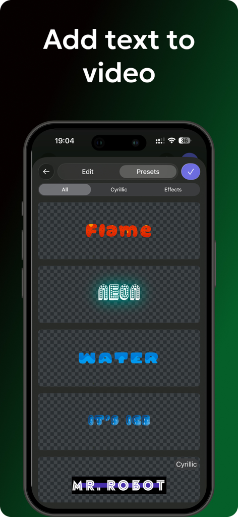 Una interfaz móvil que muestra varios ajustes preestablecidos de estilo de texto creativos como Flame y Neon para la edición de video.