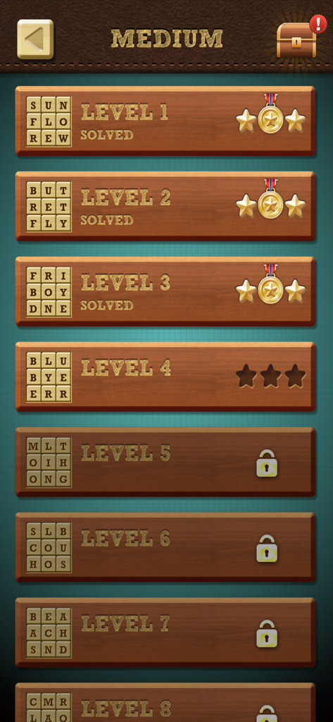 Words Crush: Hidden Words! - Level selection screen in Words Crush Hidden Words showing completed and locked levels on wooden planks.