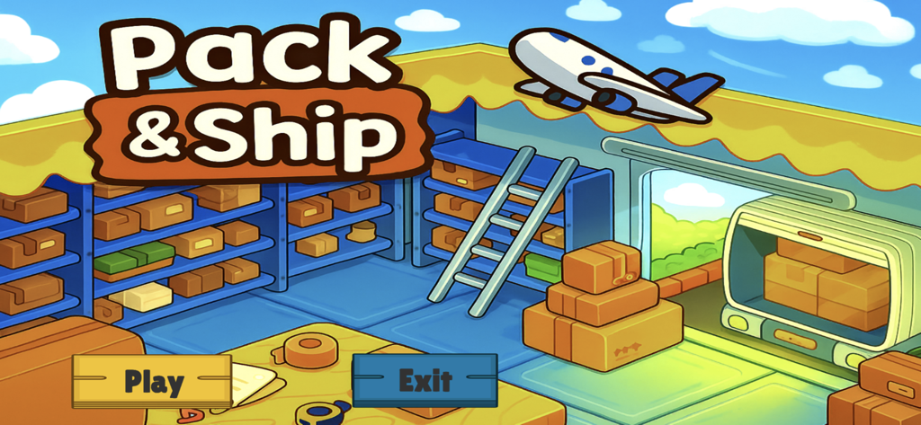 Pack & Ship - Main menu of the Pack and Ship mobile game featuring a cozy warehouse with shelves of boxes and a delivery truck