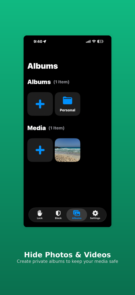 AppLock - Privacy & Security - Interface of AppLock showing how to create private albums to hide photos and videos