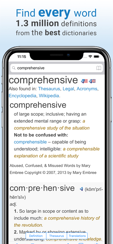 Dictionary and Thesaurus Pro - A mobile phone screen displaying a word definition and synonyms in the Dictionary and Thesaurus Pro app.