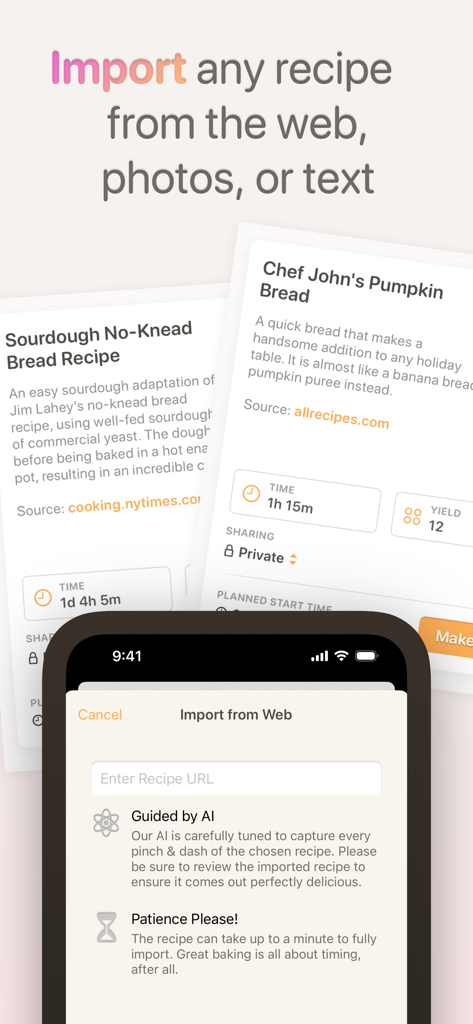 Rise: Baking & Bread Recipes - iPhone screen displaying the Rise baking app AI recipe import feature from websites