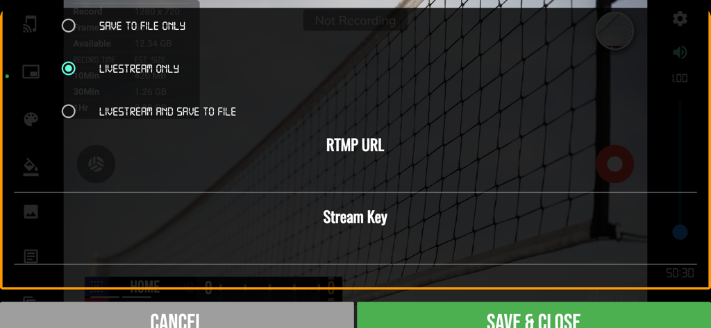 BT Volleyball Camera - Livestream setup screen in the BT Volleyball Camera app with RTMP and stream key settings