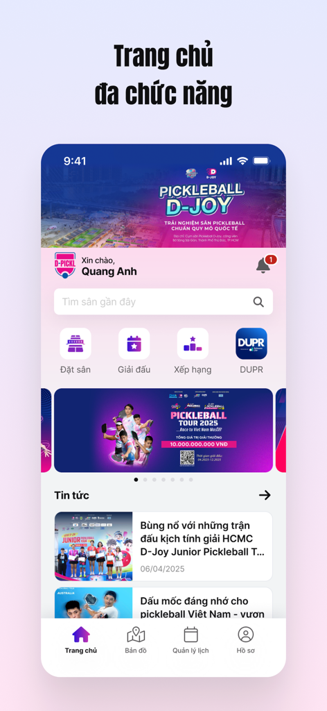 D-PICKL - Home screen of the D-PICKL mobile app showing features for court booking, tournament registration, and DUPR rankings.