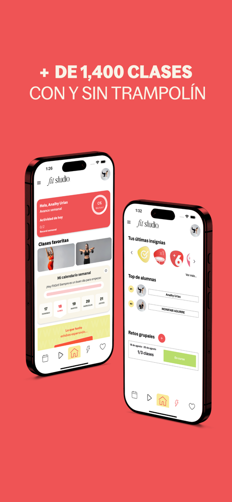 Fit App by Tania de Alba - Dos smartphones mostrando la interfaz de usuario de Fit App by Tania de Alba y las categorías de clases de fitness