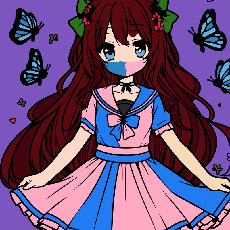 anime girl with butterflies around her, she is wearing a dress