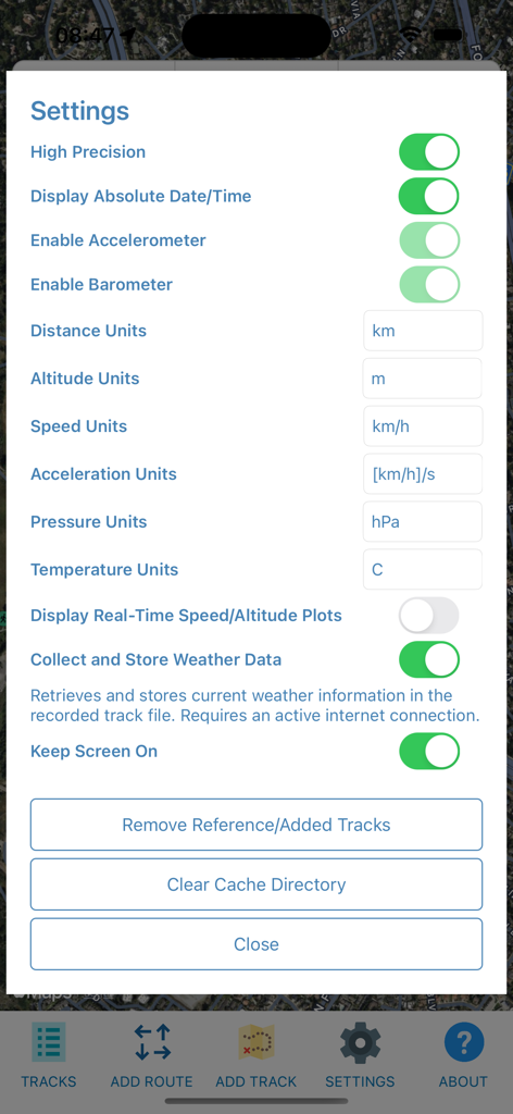 Settings screen of the GeoTracker Lite app showing options to enable sensors like the accelerometer and barometer and customize measurement units.