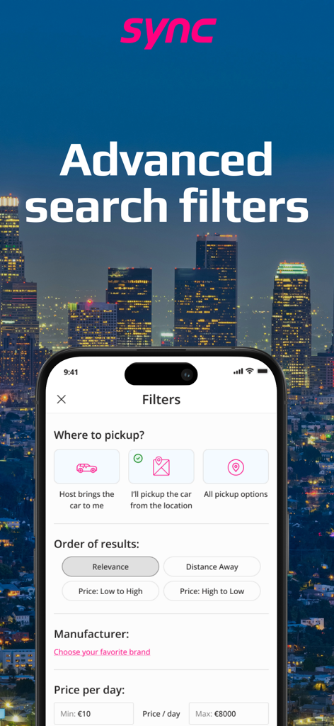 Sync - car rentals marketplace - Advanced search filters in the Sync car rentals app showing pickup options and price ranges