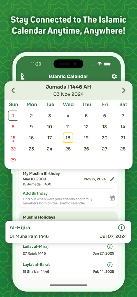 Hijri Calendar : Salah Tracker - Mobile screen showing an Islamic Hijri calendar interface with Muslim holidays and birthday tracker