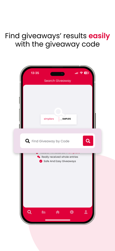 Simpliers - Giveaway Picker - Simpliersアプリの画面、ユニークコードを使用してプレゼント企画の結果を検索するための検索インターフェースが表示されています