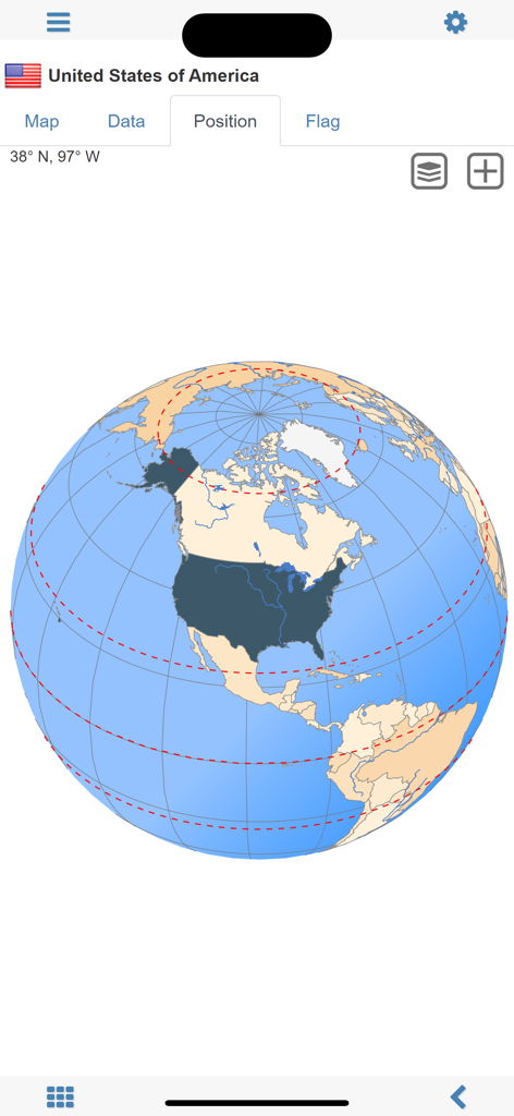 World atlas & map MxGeo Pro - Digital globe view highlighting the geographic location of the United States in the MxGeo Pro world atlas app.