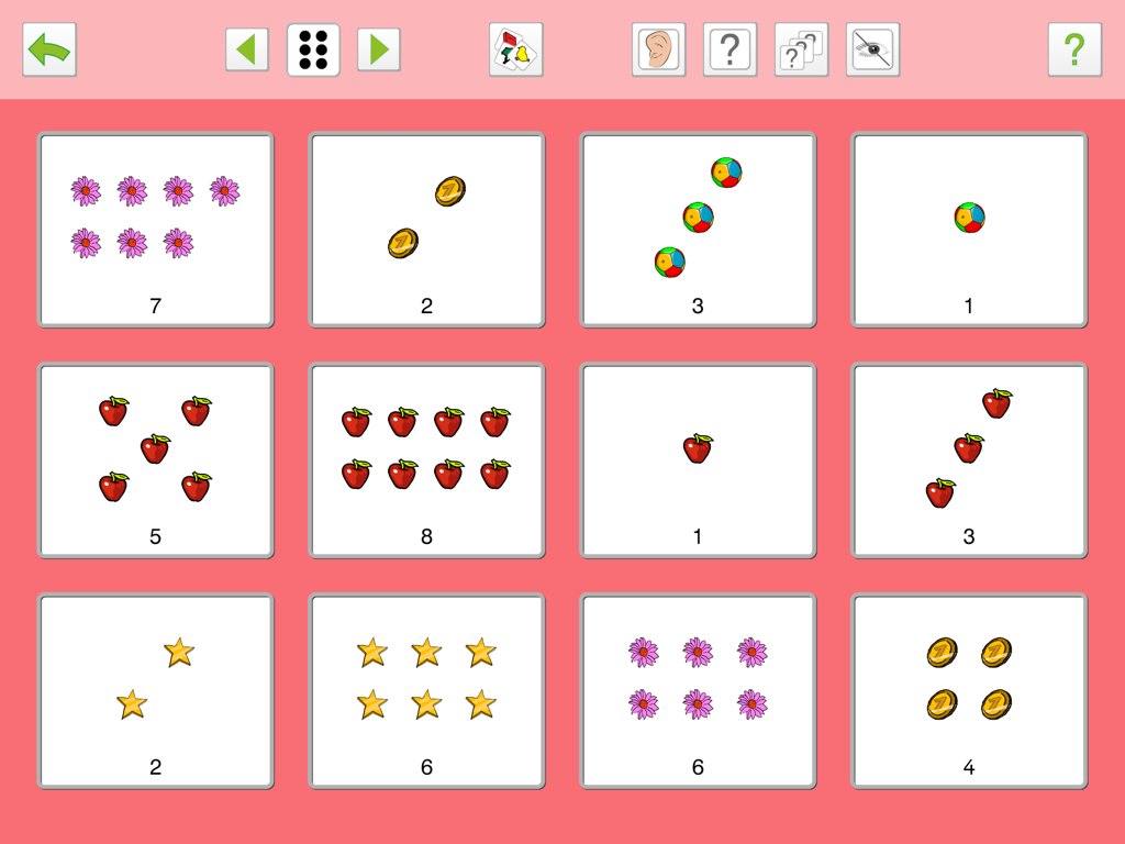 Una pantalla educativa que muestra una cuadrícula de tarjetas con grupos de objetos como flores y manzanas junto con sus números correspondientes para practicar el conteo.