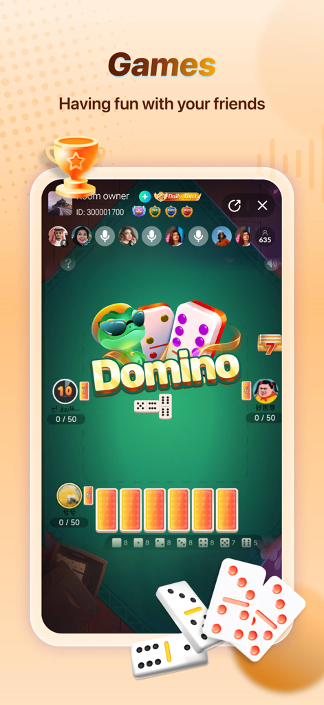 Tada - Group Voice Chat Rooms - A group voice chat interface in the Tada app featuring an interactive Domino game with friends