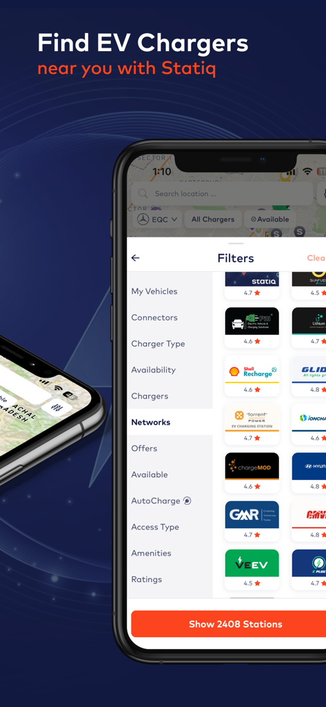 Statiq mobile app interface showing various EV charging network filters and station ratings