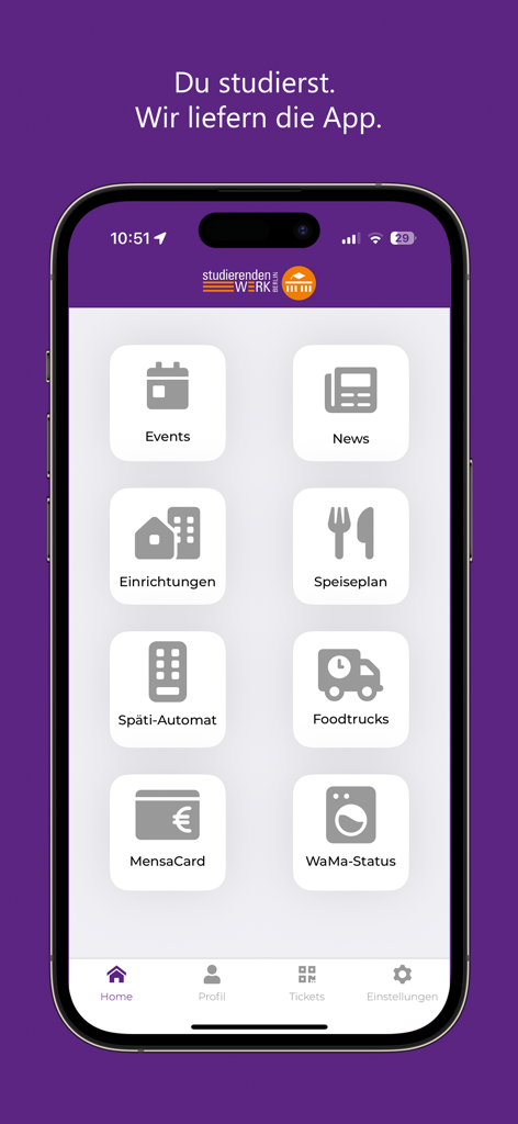 Haupt-Dashboard der studierendenWERK BERLIN App, das Dienstleistungen für Universitätsstudenten wie Cafeteria-Speisepläne und Wäschestatus anzeigt
