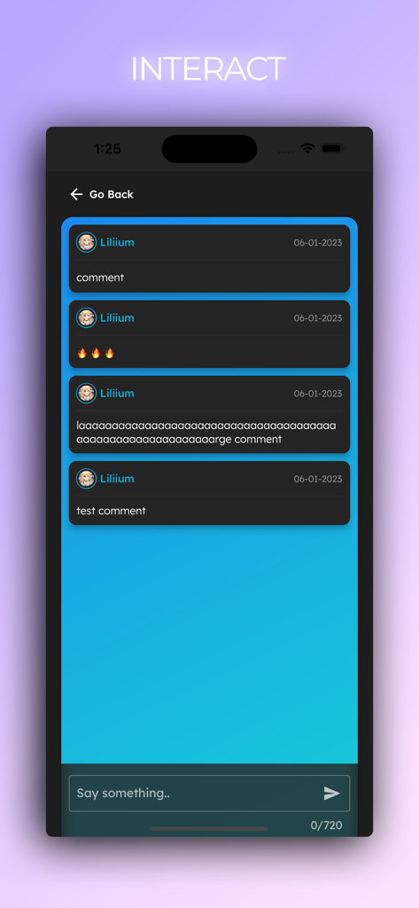 Armii - Screenshot of the Armii app showing a user comment thread and text input box under the Interact header.