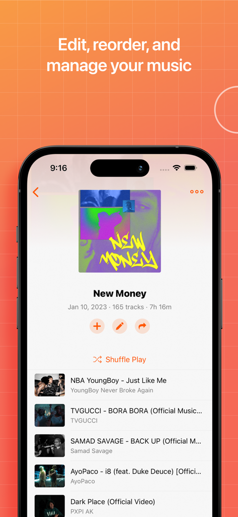 Musi app interface displaying a curated music playlist with management options