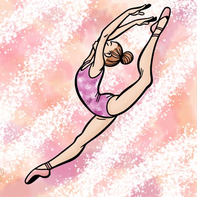 gymnast doing a leap in a leotard with a bent back leg