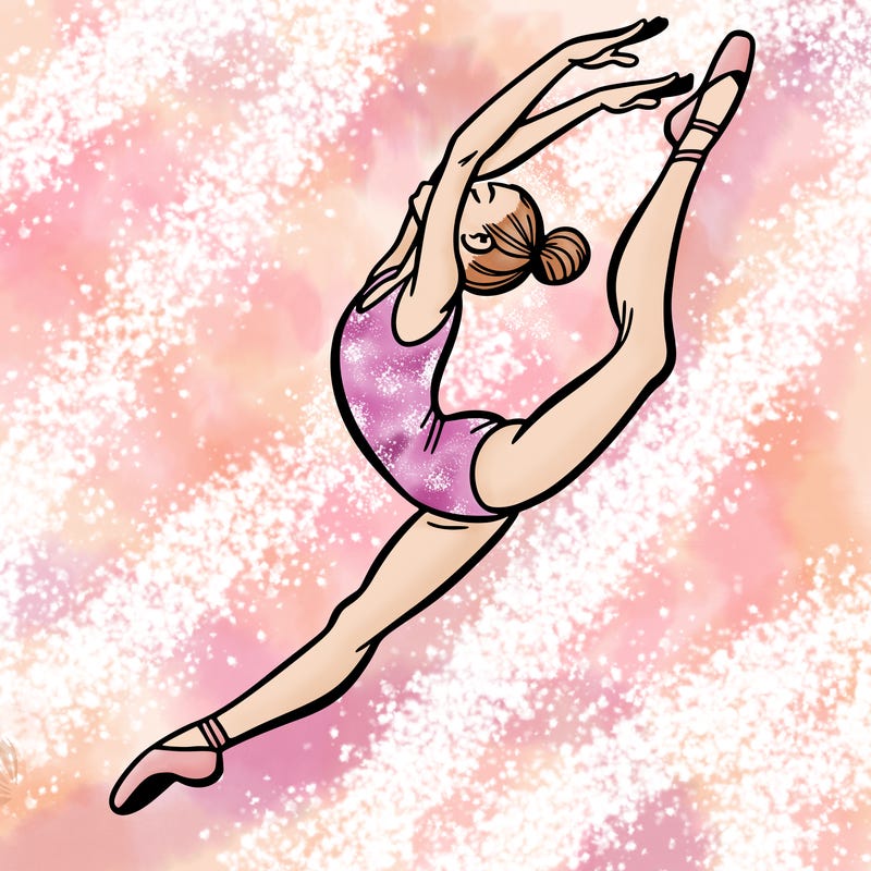 gymnast doing a leap in a leotard with a bent back leg