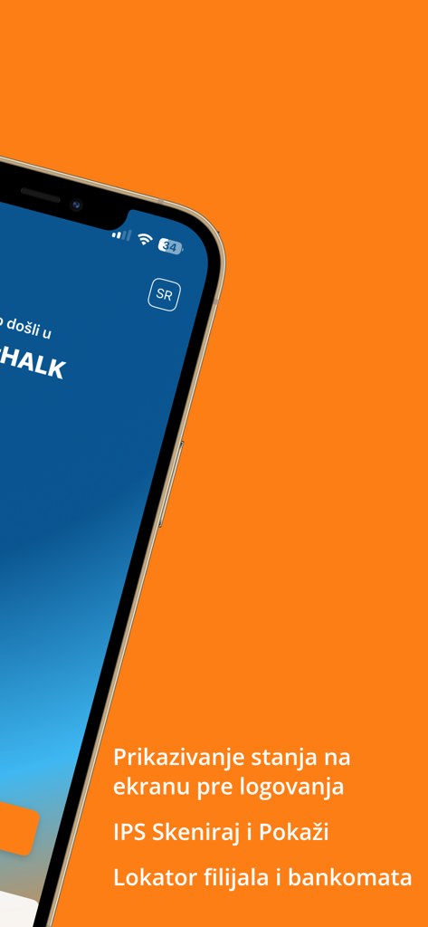 Schermata dello smartphone che mostra le funzionalità dell'app SmartHALK mBanking, inclusi saldo pre-accesso e localizzatore filiali