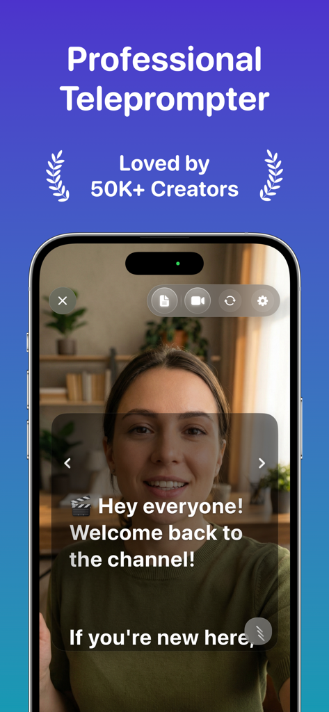 A woman using a teleprompter app on an iPhone to record a video with a script overlay.