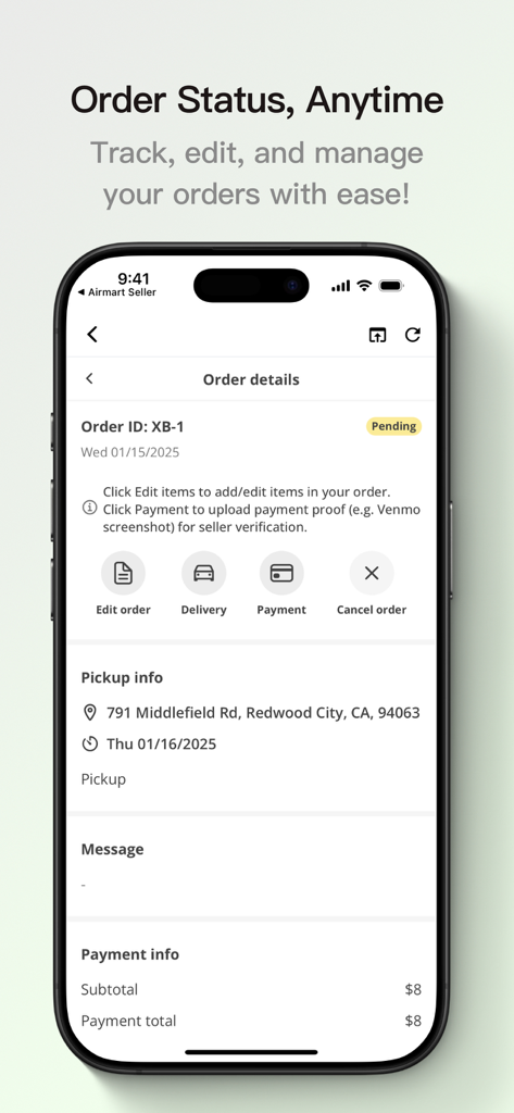 Airmart mobile app screen showing order details with pending status and pickup information