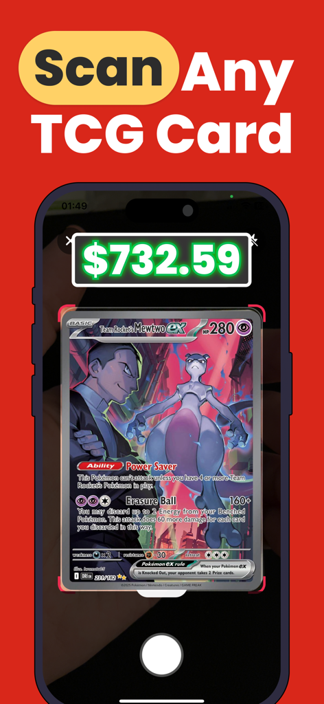 Cardex: Card Value Scanner - Cardex app scanning a rare Pokemon card to show a real-time market value of 732.59 dollars.