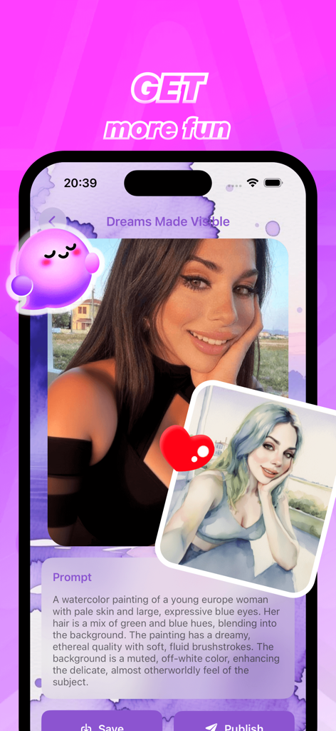 Interface do aplicativo Elama mostrando uma foto sendo transformada em uma pintura digital em aquarela com base em um prompt descritivo