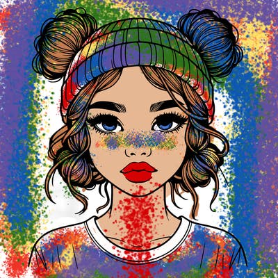 realistic girl with buns in her hair with a beanie on