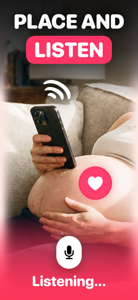 Baby Heartbeat Monitor - Molio - Molioアプリを使って、お腹にスマートフォンを当てて赤ちゃんの心音を聞いている妊婦。