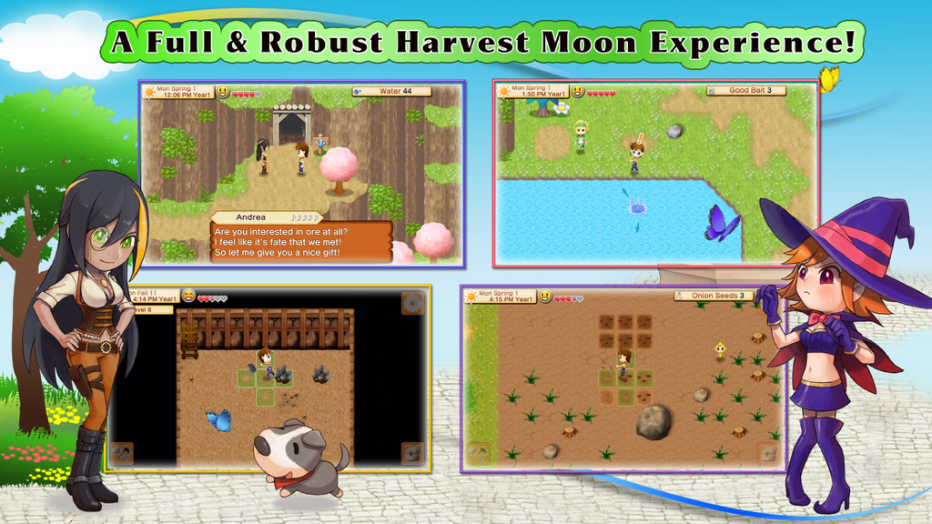 HARVEST MOON: Seeds Of Memories - Un collage che mostra agricoltura, pesca, estrazione mineraria e interazioni tra personaggi in Harvest Moon Seeds of Memories.