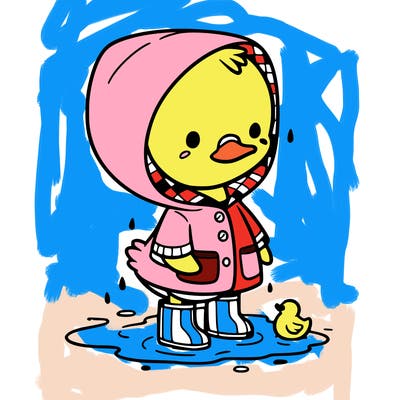 baby duck in a rain coat and boots, in a puddle while it’s raining