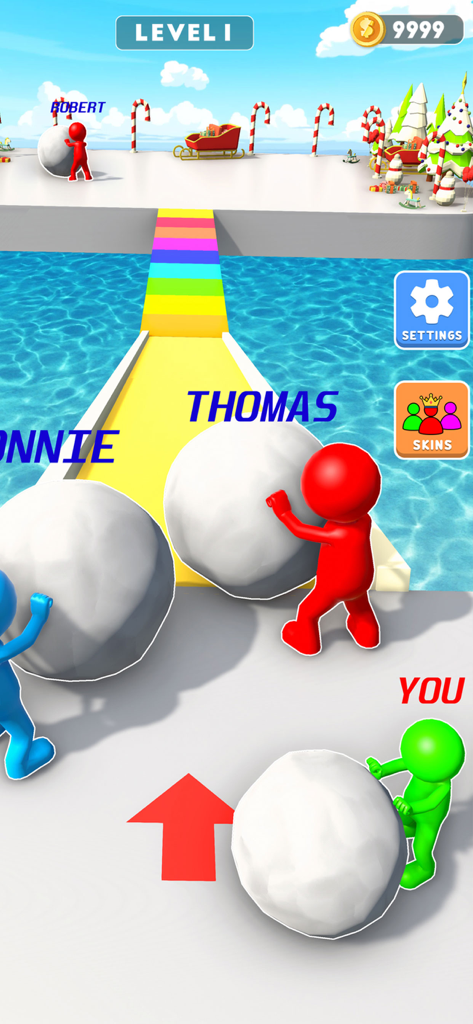 Snow Sprint: 3D Race Rush - Characters rolling large snowballs to build bridges in a competitive 3D racing game