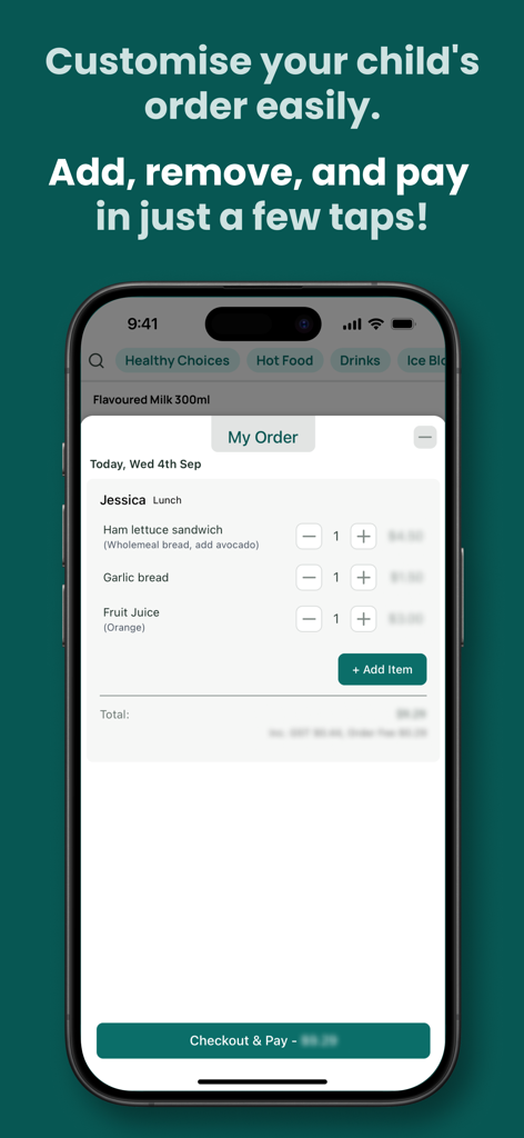 Flexischools - Smartphone screen showing the Flexischools app interface for customizing a child's school lunch order with options to add items and pay