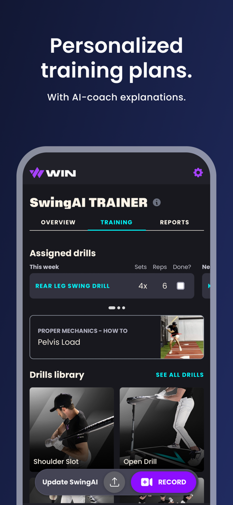 WIN Reality: SwingAI - Interface of the WIN Reality SwingAI app showing personalized baseball training plans, assigned drills, and mechanical tutorials.