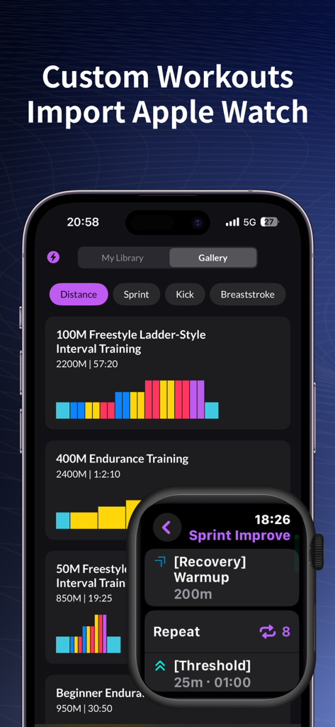 iPhone gallery of swimming training plans and Apple Watch displaying a structured swim workout