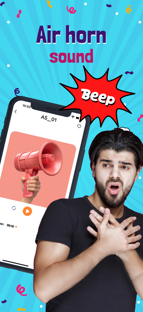 A man with a surprised expression next to a smartphone screen showing an air horn prank sound app interface