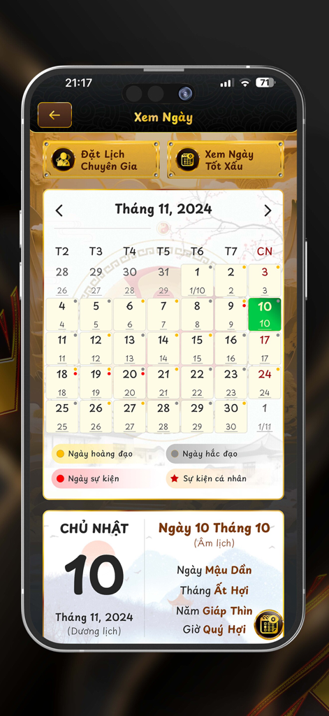 Xhero - Xheroアプリのインターフェース。縁起の良い日と戦略的タイミングを選択するための月間カレンダーが表示されています