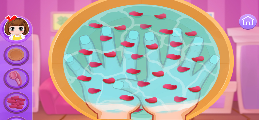 Hands soaking in a bowl of water with rose petals in a spa salon game